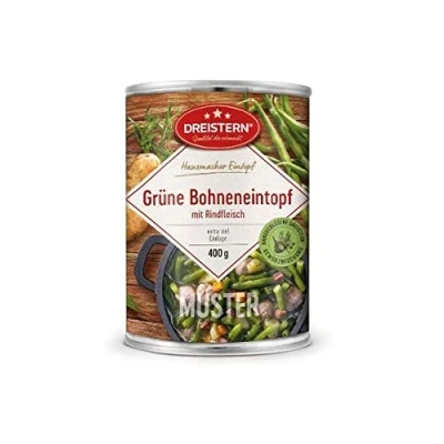 Abbildung von Dreistern Hausmacher Grüne Bohneneintopf mit Rindfleisch 4x400gr Dose