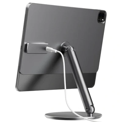 Abbildung von LULULOOK Magnetisch Kabelloses Laden iPad Ständer für Pro 13&quot; M4 2024, Faltbar mit 360 Schwenk Basis, 18W Aufladen Aluminium Alloy Verstellbar Tablet USB C Kabel