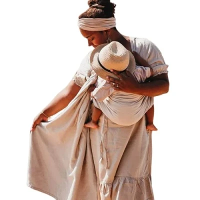 Abbildung von Hoppediz Ring Sling, Baby Tragetuch ab Geburt, 100% Bio Baumwolle, Design Djerba