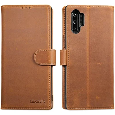 Abbildung von LENSUN Echtleder Hülle für Samsung Galaxy Note 10 Plus, Handyhülle [Echtes Leder] [Magnetverschluss] Handytasche Lederhülle 10+ 5G Vintage Braun