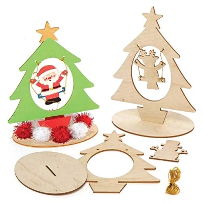 Abbildung von Baker Ross AX428 Weihnachtsbaum Charakter aus Holz Bastelset für Kinder 4 Stück, Festliche Kreativsets und Bastelbedarf zum Basteln Dekorieren zur Weihnachtszeit, Mittel