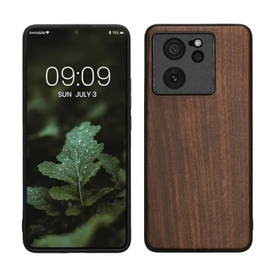 Abbildung von kwmobile Hülle kompatibel mit Xiaomi 13T / Pro Holz Case stoßfestes Handy Cover TPU Handyhülle in Dunkelbraun
