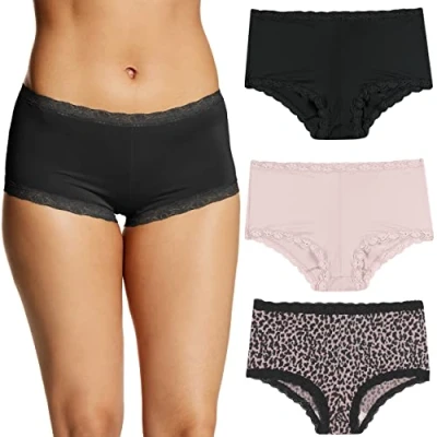 Abbildung von Maidenform Damen Underwear, Microfiber with Lace Boyshort Panties, One Fab Fit, 3 Pack Slips für Jungen, Schwarz/glänzend/Zippy Animal Print, M (3er Pack)