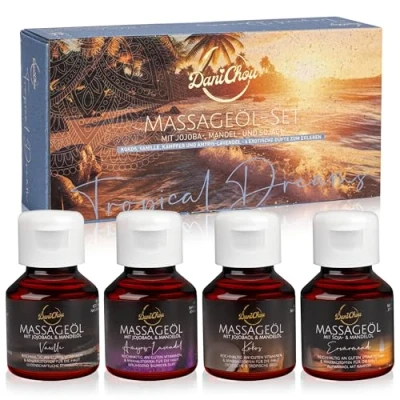 Abbildung von DaniChou Massageöl Tropical Dreams Geschenkset zum massieren, Probierset mit Jojoba und Mandelöl, 1 tlg., 4x 50ml Vanille, Kokos, Erwärmend, Amyris Lavendel
