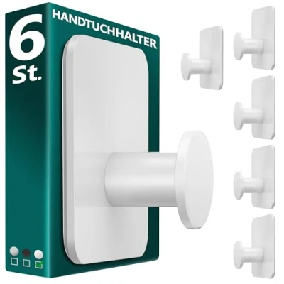 Abbildung von Menz Handtuchhalter ohne Bohren in Weiß, 6 Stück Robuste Badezimmer Handtuchhalter, moderne Klebehaken, Haken fürs Bad, selbstklebend, ideal als funktionale Handtuchhaken