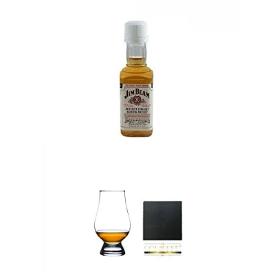 Abbildung von Jim Beam Bourbon Whiskey Miniatur 5 cl + The Glencairn Glass Whisky Glas Stölzle 1 Stück Schiefer Glasuntersetzer eckig ca. 9,5 cm Durchmesser