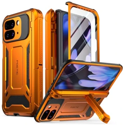 Abbildung von Poetic Spartan Schutzhülle für Google Pixel 9 Pro Fold 5G, Scharnierschutz, Ständer, militärischer Schutz, stoßfest, robust, mit integriertem Displayschutz, Metallic Orange