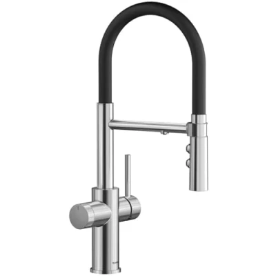 Abbildung von BLANCO CATRIS S Flexo Filter Küchenarmatur in Edelstahl Hochdruck gefiltertes Wasser mit dem BWT Wechsel von Klarstrahl Brausestrahl Gesicherte Wasserqualität &amp; wassersparend