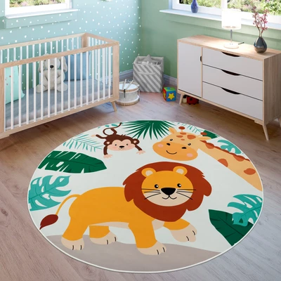 Abbildung von Paco Home Kinderteppich &quot;Bino 582&quot;, rund, Spielteppich, Motiv Tiere, Löwe &amp; Giraffe, Kinderzimmer