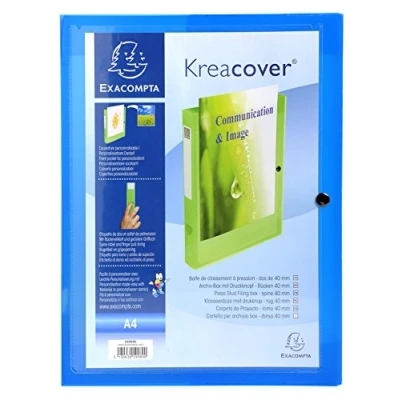 Abbildung von Exacompta 59982E Sammelbox KreaCover 40mm mit Gummizug aus transluzentem Kunststoff Klarsichthülle am Vorderdeckel und Druckknopf für DIN A4 Archivbox Heftbox Zeichenbox Sammelmappe blau