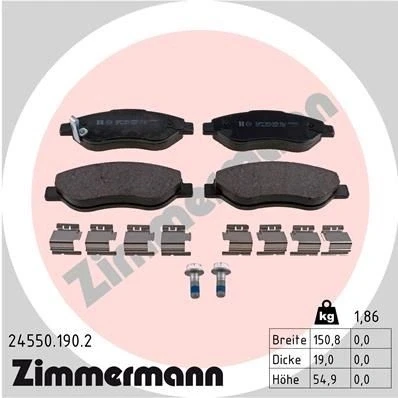 Abbildung von ZIMMERMANN 24550.190.2 Bremsbelagsatz mit akustischer Verschleißwarnung Schrauben Foto entspricht Lieferumfang, Feder OPEL: Corsa D Schrägheck