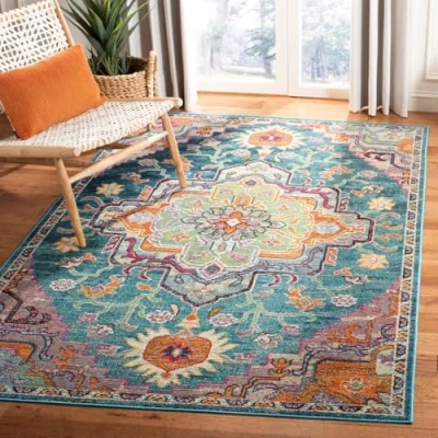 Abbildung von SAFAVIEH Boho Teppich für Wohnzimmer, Esszimmer, Schlafzimmer Crystal Collection, Kurzer Flor, Blaugrün und Rose, 152 X 244 cm