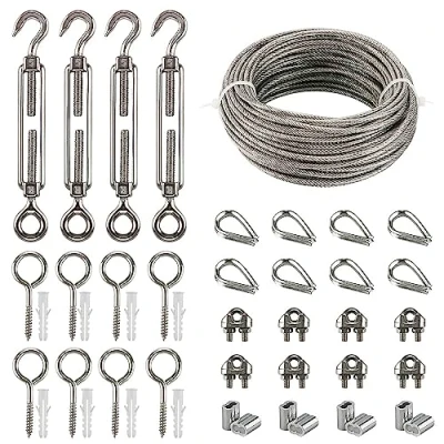 Abbildung von Drahtseil Edelstahl Set, 20M Kletterhilfe Stahlseil mit Spannschlöss Seilspanner M5 Haken+Öse, Ösenschraube, Drahtseilklemmen,Seilkauschen,Alu Seilklemmen,Rankhilfe aus für Kletterpflanzen