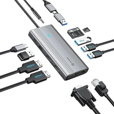 Abbildung von PHIXERO Displaylink Dock 12 in 1 USB C Docking Station Triple Monitor für Mac M1/M2, mit 2 HDMI &amp; VGA, 3 3.0 2.0, 15W Aufladung, SD/TF Kartenleser, Ethernet, Audio