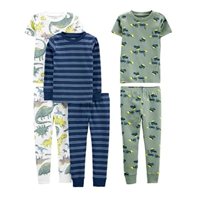 Abbildung von Simple Joys by Carter&#039;s Jungen 6 Piece Snug Fit Cotton Pajama Set Pyjamaset, Blau Streifen/Grün Konstruktion/Weiß Dinosaurier, 5 Jahre (3er Pack)