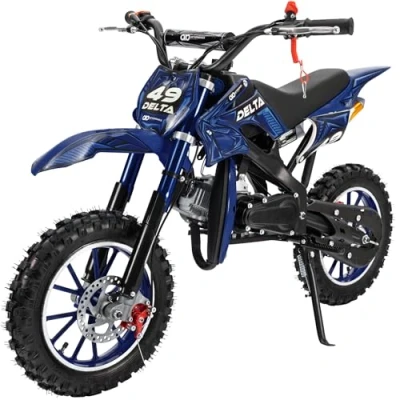 Abbildung von Actionbikes Motors Kinder Mini Elektro Crossbike Delta 49cc 2 Takt 49ccm Motor Scheibenbremsen Bis zu 35 40 km/h Pocket Bike Motorrad Motocross Dirtbike Enduro (Blau)