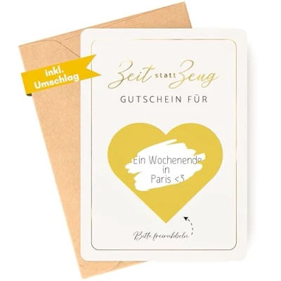 Abbildung von Zeit statt Zeug Gutschein zum selber ausfüllen Karte mit Rubbelaufkleber beschriften Rubbelkarte als Geburtstagskarte oder Gutscheinkarte Valentinstag für gemeinsame