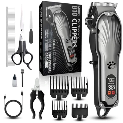 Abbildung von Hundeschermaschine Profi für dickes Haar, Haustierschermaschine Hunde, schnurlose LED Anzeige, geräuscharmer, wiederaufladbarer Hundetrimmer mit Fellpflege Nagel Kits