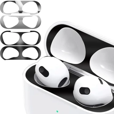 Abbildung von Staubschutz Sticker kompatibel mit AirPods 4（2024） Hülle, 2 Sätze Metallstaub Schutz Aufkleber, Ultraschlanke Folie, Überzug Staub schützen Drahtloser Ladekoffer (Black+Silver)