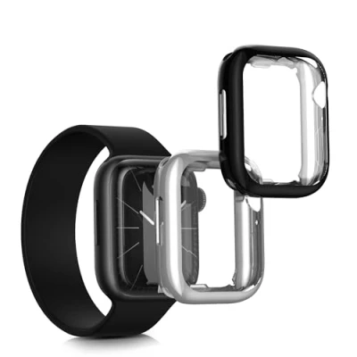 Abbildung von kwmobile 2X Schutzhülle kompatibel mit Apple 45mm Watch 9 / 8 7 (45mm) Hülle Fullbody Cover Set aus Silikon Schwarz Silber