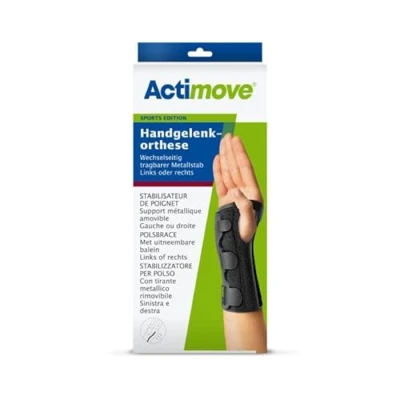 Abbildung von Actimove SPORTS EDITION Handgelenkorthese mit wechselseitig tragbarem Metallstab zur Stabilisierung und Kompression beim Sport Schwarz, Medium