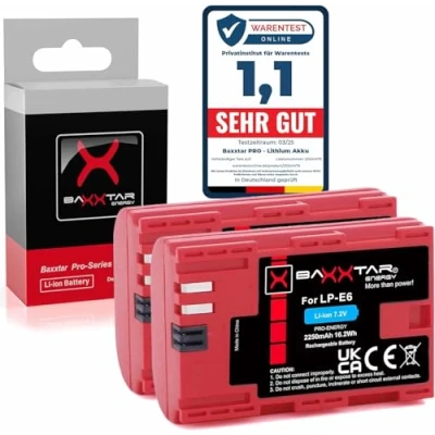 Abbildung von Baxxtar Pro LP E6 Akku 2X 2250mAh (Info Chip, Intelligentes Batteriesystem) Kompatibel mit Canon EOS 60D 70D 80D 7D Mark I II 5DS 5D R III IV