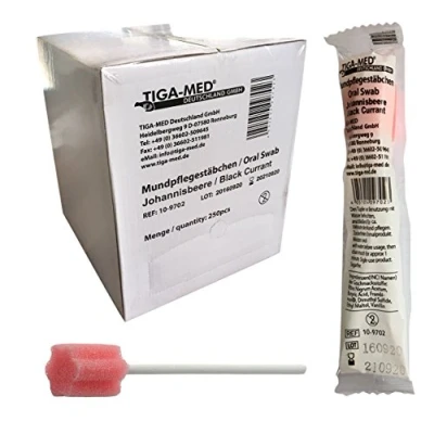 Abbildung von Mundpflegestäbchen Wattestäbchen Geschmack Johannisbeere Box a 250 Stck Mundhygiene Tiga Med einzeln hygienisch verpackt