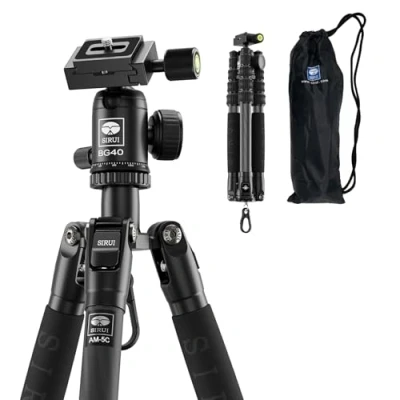 Abbildung von SIRUI AM 5C Carbon Reisestativ, 140cm Kompaktes leichtes Tripod mit 360 Panorama Kugelkopf für DSLR, Schnellwechselplatte, Abnehmbarer Mittelsäule, Tragfähigkeit bis zu 10kg