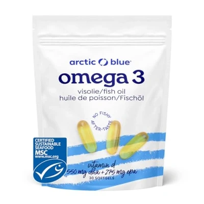 Abbildung von Arctic Blue Fischöl Kapseln mit Vitamin D hochdosiert 550 mg DHA und 275 EPA ausgezeichnet MSC Siegel für nachhaltigen Fischfang Reines Alaska Seelachsöl