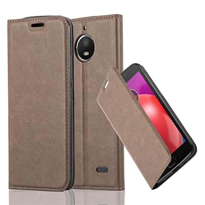 Abbildung von Cadorabo Hülle kompatibel mit Motorola Moto E4 aus Premium Kunst Leder Flip Klappbare Stoßfeste Magnetische [Standfunktion] [Kartenfächern] Cover für Tasche in Braun