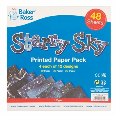 Abbildung von Baker Ross FC213 Sternenhimmel Bedrucktes Papier 48 Stück, Kreativer Künstlerbedarf für Kinder, Ideal Bastelaktivitäten und Dekorationsarbeiten
