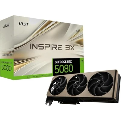 Abbildung von MSI GeForce RTX 5080 16G Inspire 3X OC — 16GB GDDR7 (30Gbps/256 bit), PCIe 5X 16, Boost: 2640 MHz, HDMI 2.1b, DisplayPort 2.1b