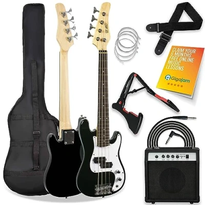 Abbildung von 3rd Avenue 4/4 E Bassgitarren Set in Normalgröße, für Anfänger, mit 15 W Verstärker, Tasche, Kabel, Gurt, Ständer und Ersatzsaiten Weiß