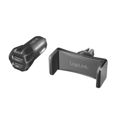 Abbildung von LogiLink PA0203 KFZ USB Netzteil mit 2X Ports (Max. 5V/2A 10W) zum Aufladen von Z.B. Smartphones, Tablets, Dashcams, GPS, etc. Micro oder C Anschluss inkl. Halterung