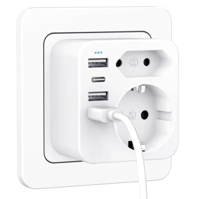 Abbildung von Doppelstecker für USB Steckdose, Mehrfachsteckdose mit 3 USBA Ladegerät, 1 Typ C Port, Steckdosenadapter 2Fach Stecker, Mehrfachstecker Steckdosenleiste C, Wand Ladegerät