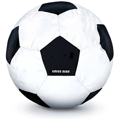 Abbildung von Green Bean Fußball Sitzsack fertig befüllt 300L EPS Perlen Kinder &amp; Erwachsene 90cm Bag Riesensitzsack Liegekissen Lounge Chair Sitzkissen Waschbarer Bezug Gaming Sessel Schwarz/Weiß