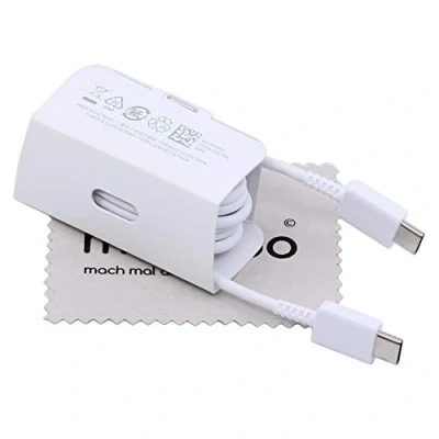 Abbildung von Ladekabel für Original Samsung EP DN980BWE Galaxy S21, S21 Plus, Ultra, Note 20 (Ultra), A72, A73 5G, M23, M33, M53 5G 1,0m Datenkabel 25W Weiß mit mungoo Displayputztuch