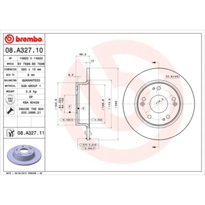 Abbildung von BREMBO COATED DISC LINE 08.A327.11 Bremsscheibe 260 10 5 voll beschichtet HONDA: ACCORD 7 Limousine,