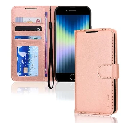 Abbildung von TECHGEAR hülle iPhone SE 2022 5G / 2020 Leder klappbar, PU Flip Schutzhülle Ledertasche [Brieftasche] Handyhülle mit Ständer und Handschlaufe Roségold Kompatible 8/7/6