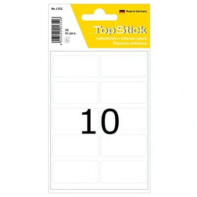 Abbildung von TopStick 1352 Vielzweck Etiketten klein, 50 Stück, 40 x 19 mm, 10 pro Bogen, selbstklebend, Haushaltsetiketten zum Beschriften, matt, blanko Papier Klebeetiketten Aufkleber, weiß