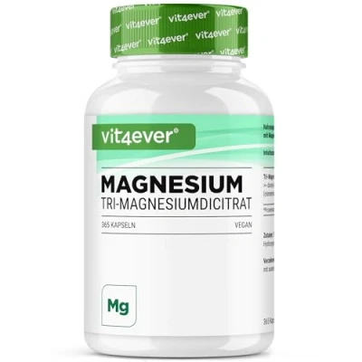 Abbildung von Magnesiumcitrat 365 Kapseln 2250mg davon 360 mg elementares Magnesium je Tagesportion 100% Tri Magnesiumdicitrat ohne Zusätze Laborgeprüft Hochdosiert Vegan