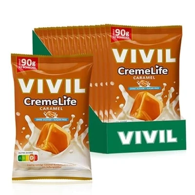 Abbildung von VIVIL Creme Life Caramel, 15 Beutel, Sahnebonbons mit Karamellgeschmack, zuckerfrei &amp; glutenfrei, x 90g