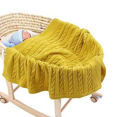 Abbildung von Strickdecke Babydecke Kuscheldecke im Freien, Odot Kinderwagen Kinderdecke Winddicht Krabbeldecke Perfekt für Mädchen und Jungen Babys Geschenkverpackungen Hergestellt (Gelb,100 x 80 cm)