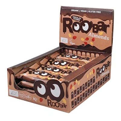 Abbildung von Roobar Mandel Riegel mit Schokoladenüberzug 100% Bio, Vegan, Fruchtriegel, milchfrei &amp; glutenfrei, ohne raffinierten Zucker 16 x 30g