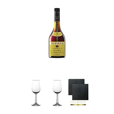 Abbildung von Torres 10 Jahre Brandy Gran Reserva spanischer 0,7 Liter + 2 Bugatti Nosing Gläser mit Eichstrich 2cl und 4cl Schiefer Glasuntersetzer eckig ca. 9,5 cm Ø