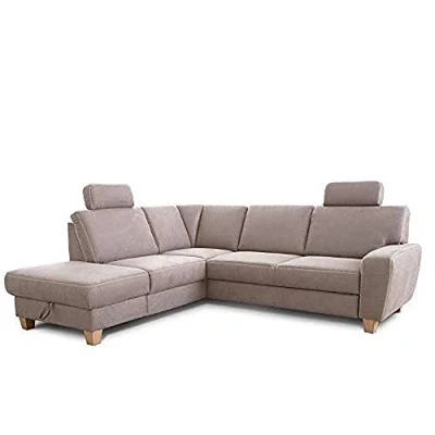 Abbildung von Cavadore Ecksofa Wisconsin mit Federkern / Sofagarnitur in Lederoptik 2 Kopfstützen Landhausstil Holzfüße Buche Mikrofaser Größe: 248 x 88 215 cm (BxHxT) Farbe: Hellgrau