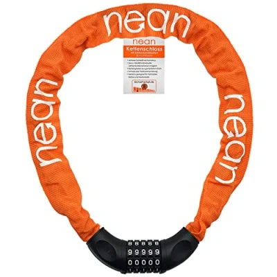 Abbildung von nean Fahrradschloss mit Zahlen, Kettenschloss hohe Sicherheitsstufe, Zahlenschloss Code, Fahrrad Schloss Kette aus gehärtetem Stahl, textilummantelt, orange, 6 mm x 900