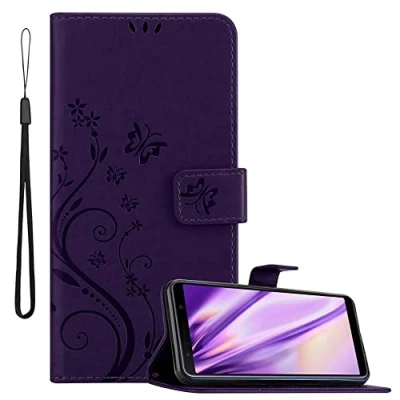 Abbildung von Cadorabo Hülle kompatibel mit Samsung Galaxy A7 2018 Blumen Design aus Kunst Leder Flip Klappbare Stoßfeste Magnetische [Standfunktion] [Kartenfächern] Cover für Tasche in Lila