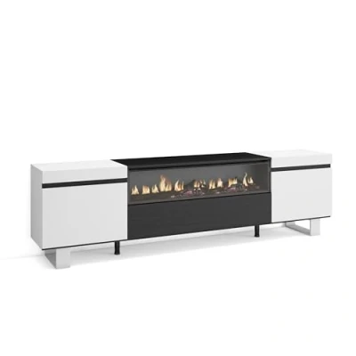 Abbildung von Skraut Home TV Schrank, Lowboard Für Wohnzimmer und Esszimmer 200x57x35cm Geräte bis zu 80&quot; Elektrokamin. Maße Industriedesign Moderner Stil Weiß Schwarz