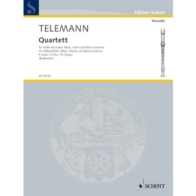 Abbildung von Quartett F Dur: Alt Blockflöte (Flöte), Oboe (Tenor Blockflöte, Violine), Violine und Basso continuo. Partitur Stimmen.: treble recorder (flute), ... Partition et parties. (Edition Schott)